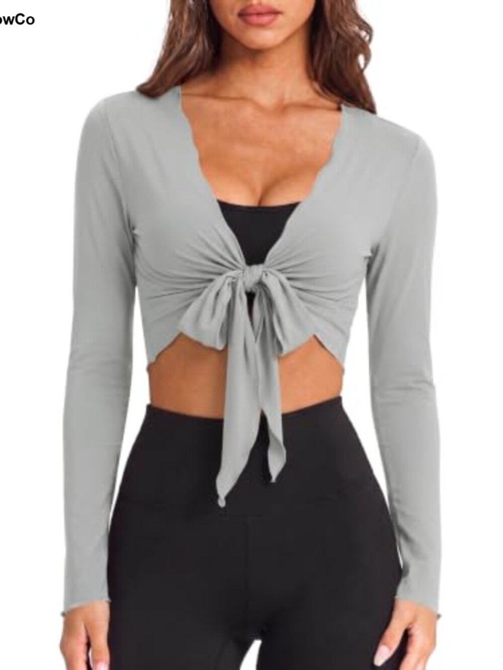 Womens Ballet Wrap Top Self Tie V Neck Slim Crop Pilates Workout Long Sleeve